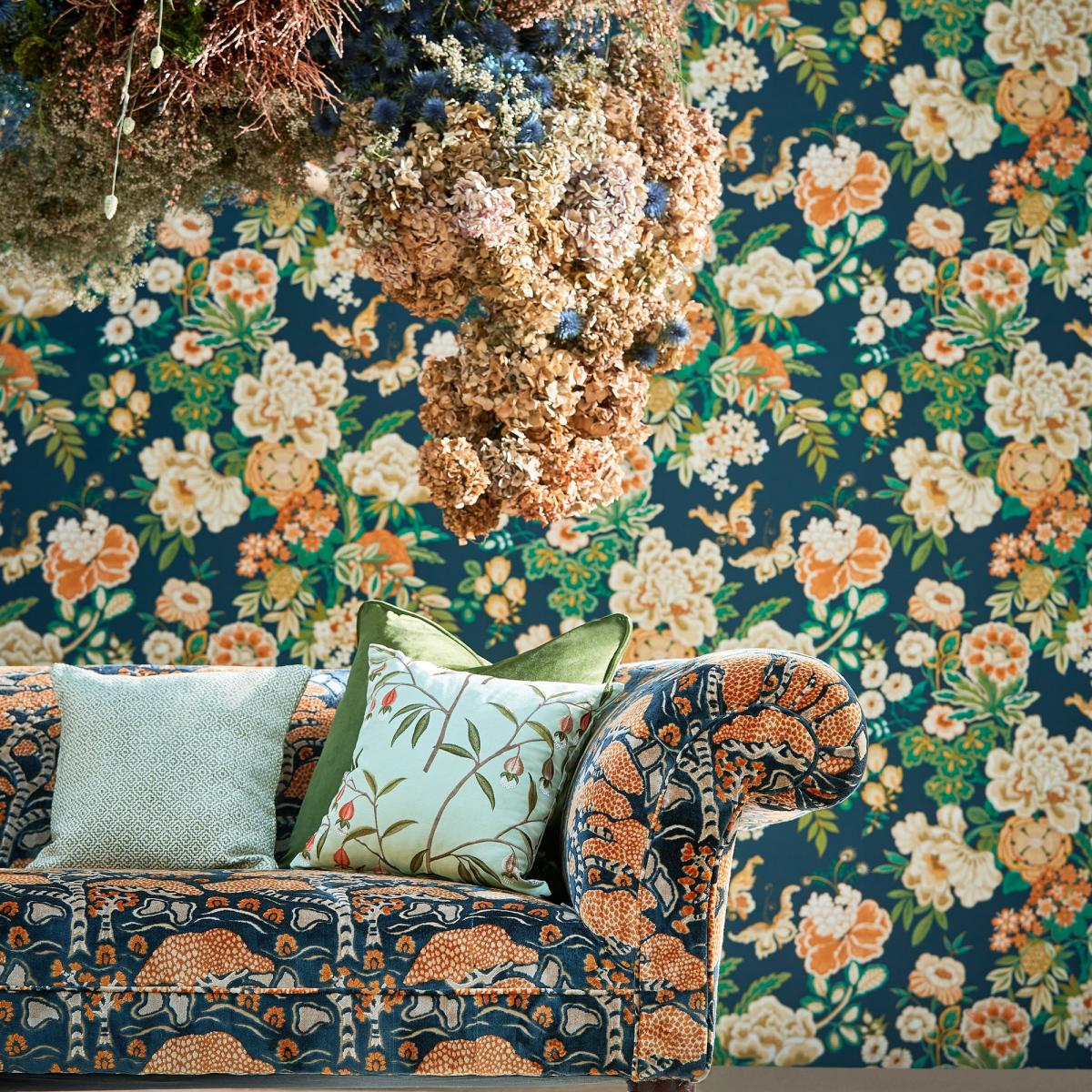 Emperor Peony Wallpaper 217120 by Sanderson in Midnight Apricot Roll – image 2
