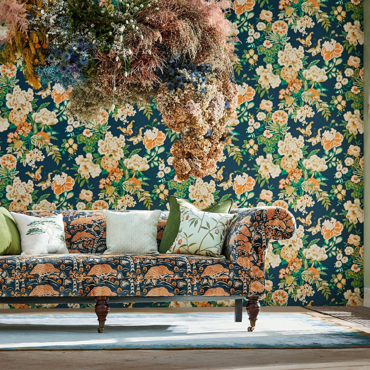 Emperor Peony Wallpaper 217120 by Sanderson in Midnight Apricot Roll – image 3