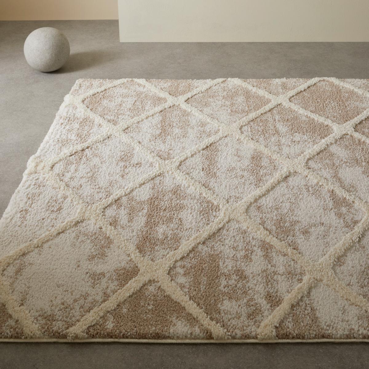Tribal 3071J Geometric Diamond Shaggy Rug in Beige Ivory160x230cm – image 1
