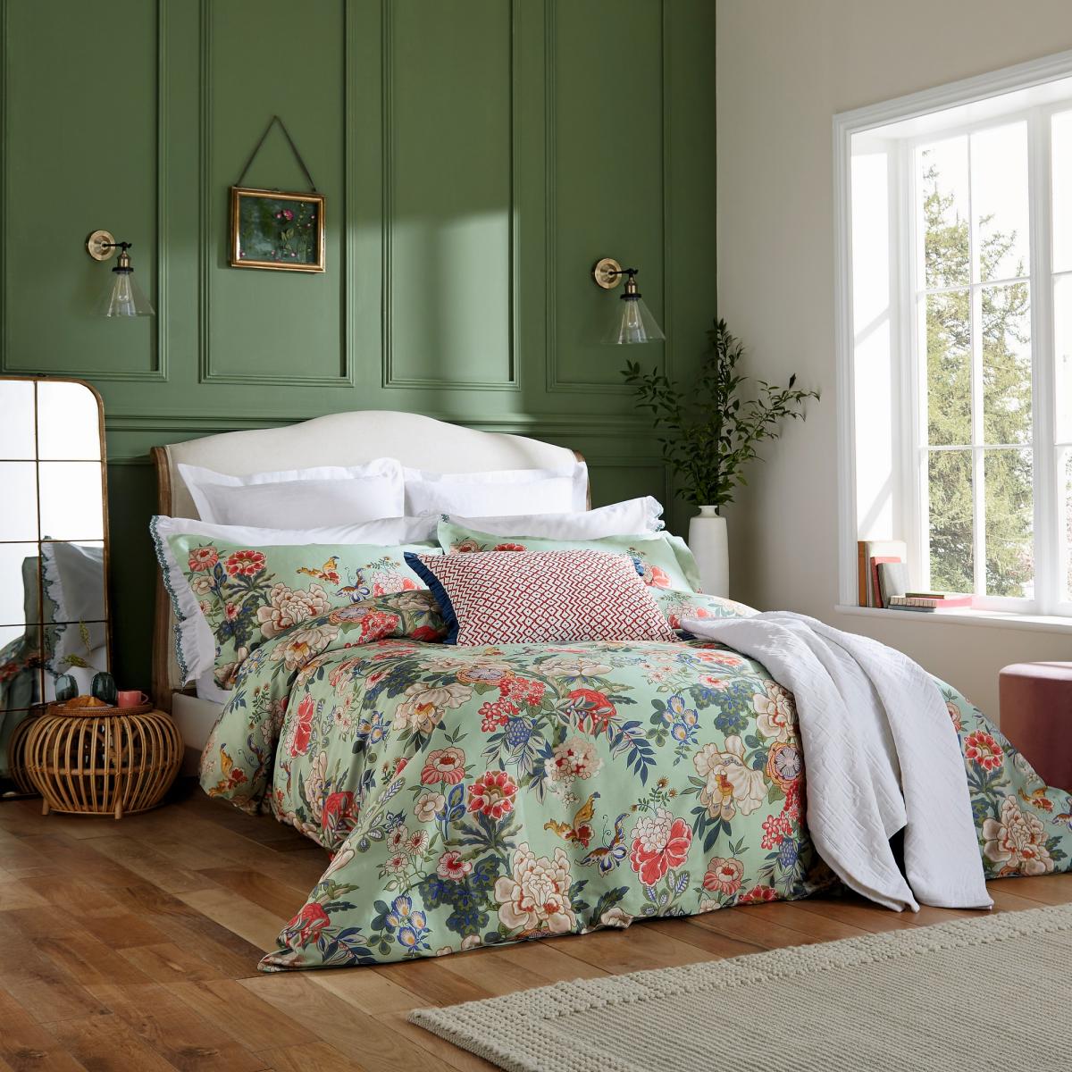 Emperor Peony Floral Bedding by Sanderson in Jade & Apricot 74x48cm – image 1
