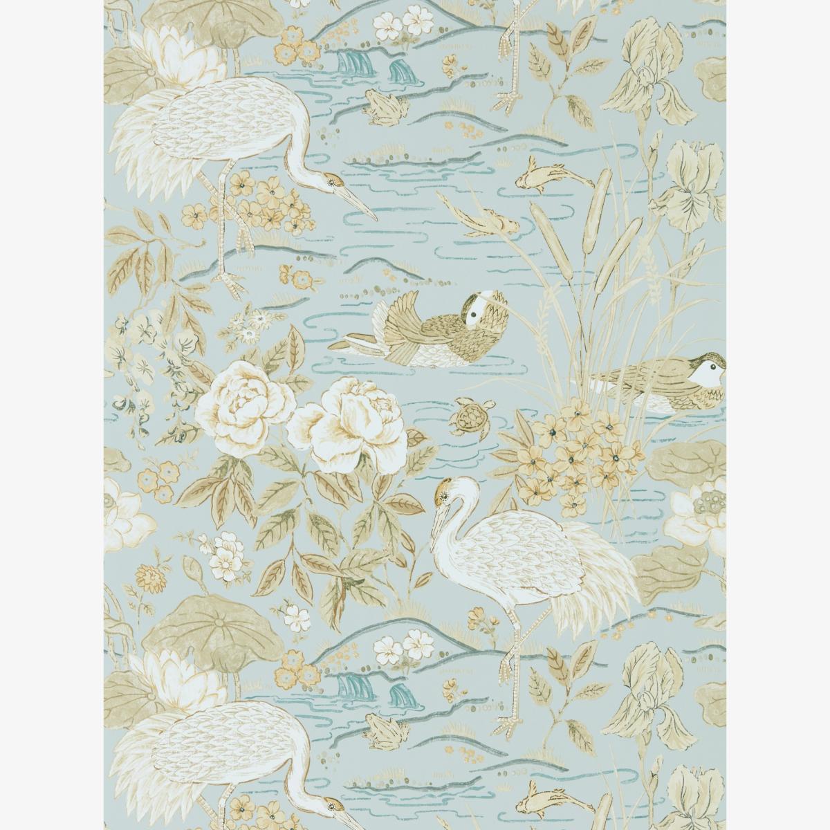 Crane and Frog Wallpaper 217125 by Sanderson in Sky Honey Roll