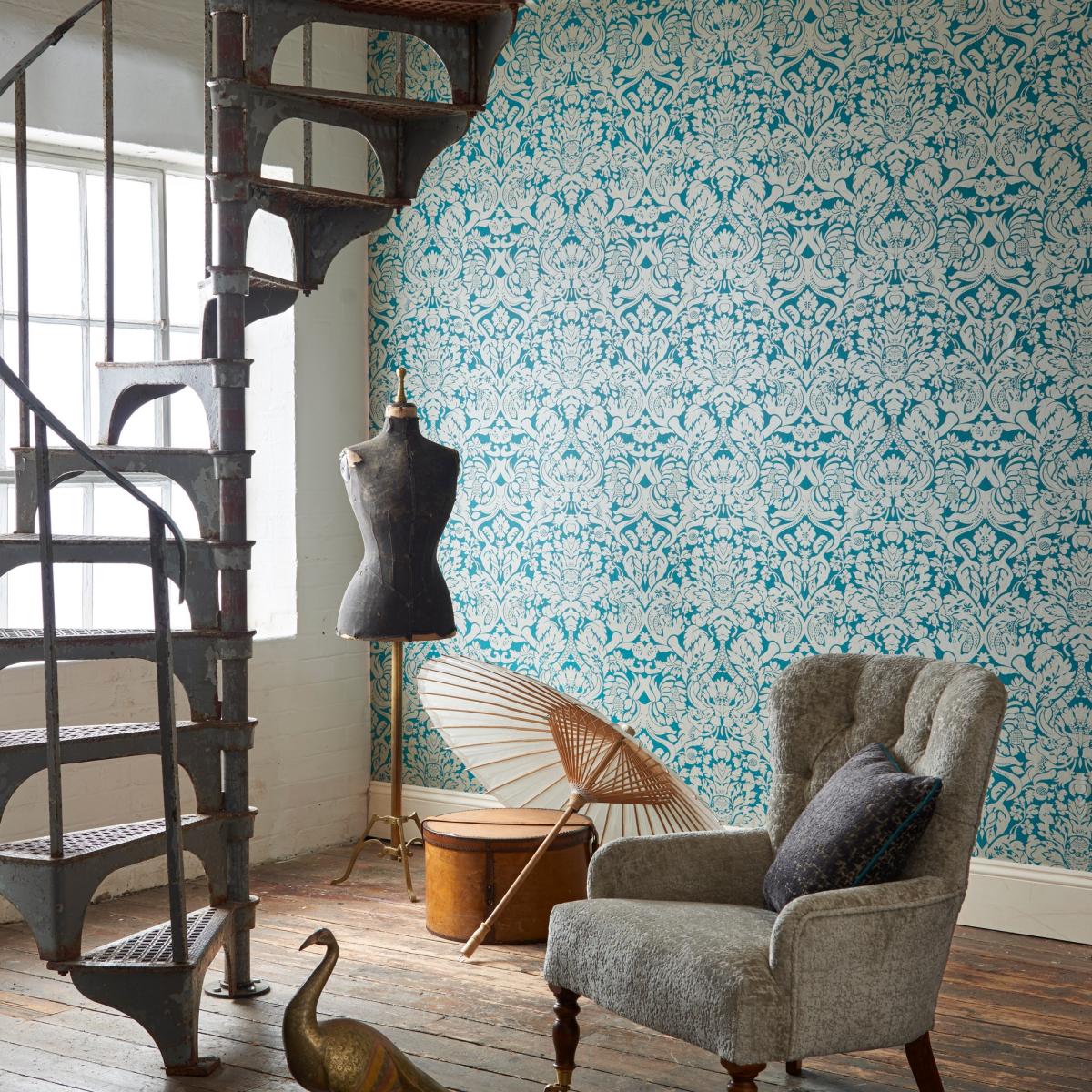 Valentina Wallpaper W0088 08 by Clarke and Clarke in Teal Roll – image 2