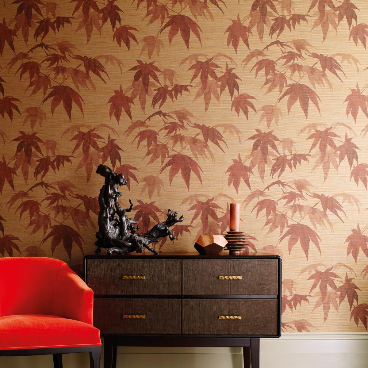 Acer Leaf Wallpaper 312496 by Zoffany in Red Wood Teal Blue Roll – image 1