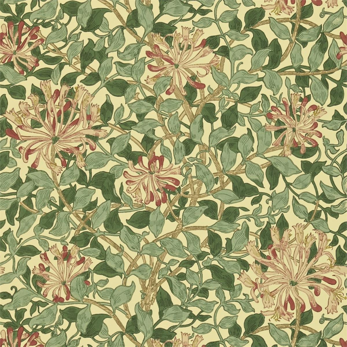 Honeysuckle Wallpaper 210436 by Morris & Co in Green Coral PinkRoll