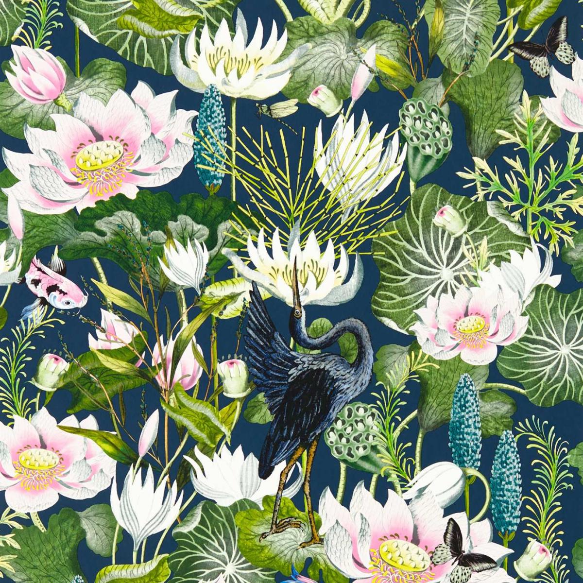 Waterlily Wallpaper W0137 04 by Wedgwood in Midnight Blue Roll