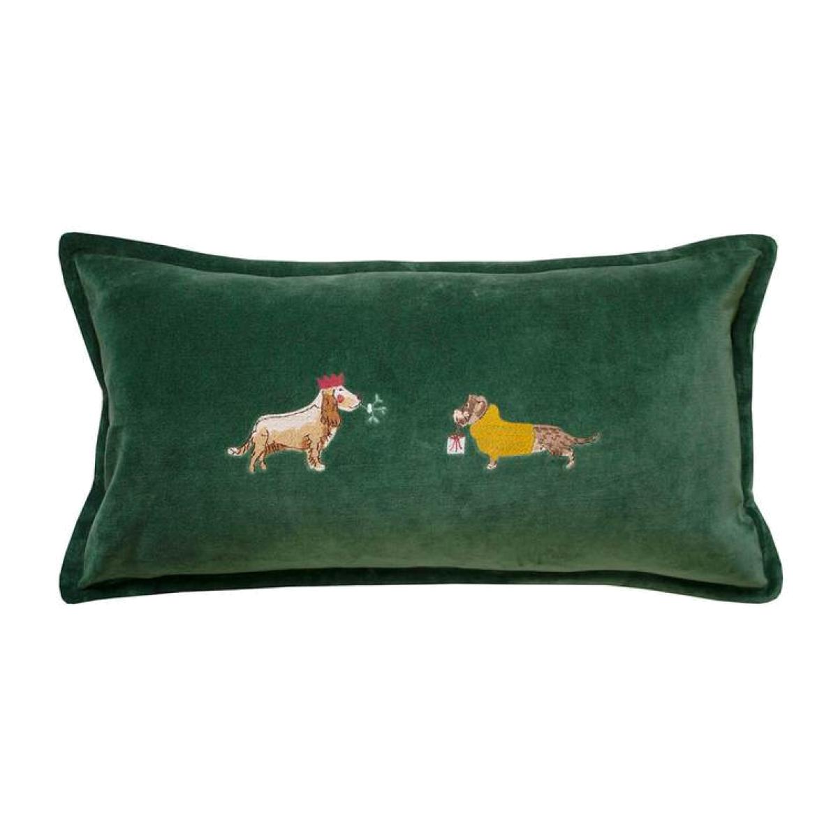 Christmas Dogs Cushion in Forest Green By Sophie Allport 30x60cm – image 1