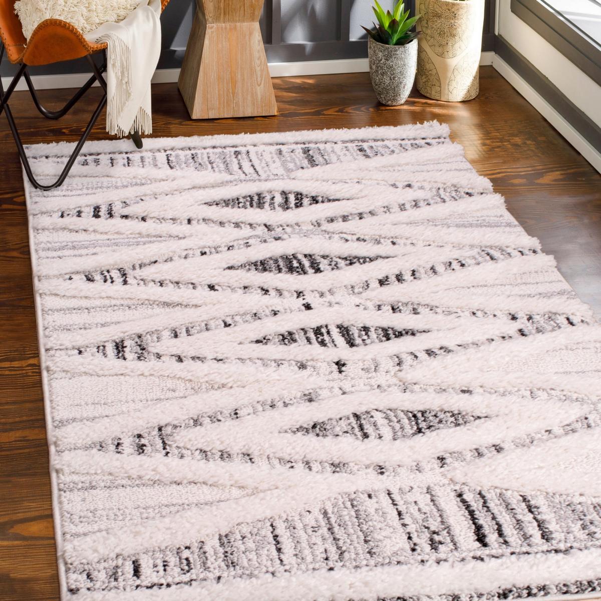 Skandi Kalmar Geometric Striped Boho Rug in Cream – image 1