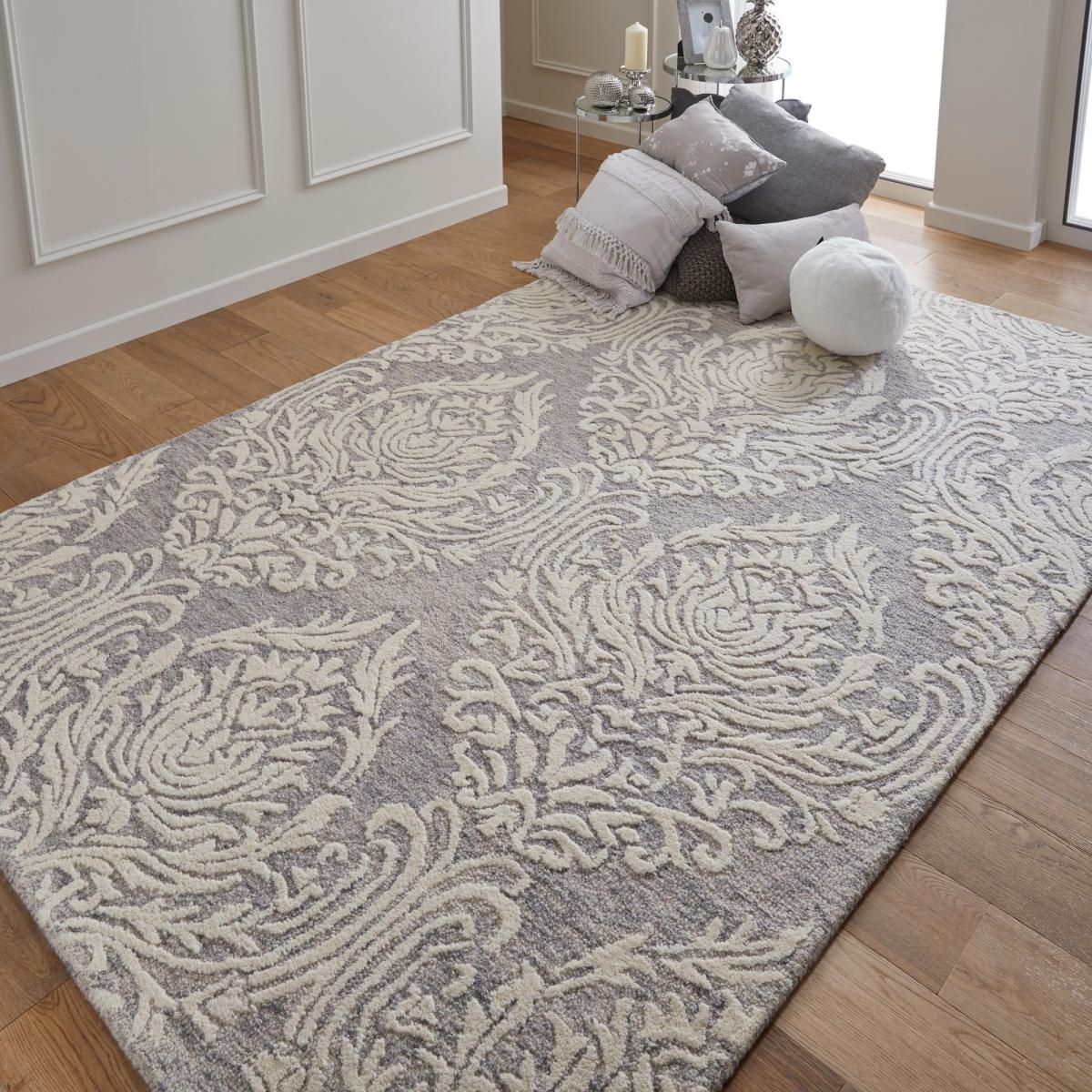 Hampton Damask Hand Tufted Wool Rug in Grey Ivory160x230cm – image 1