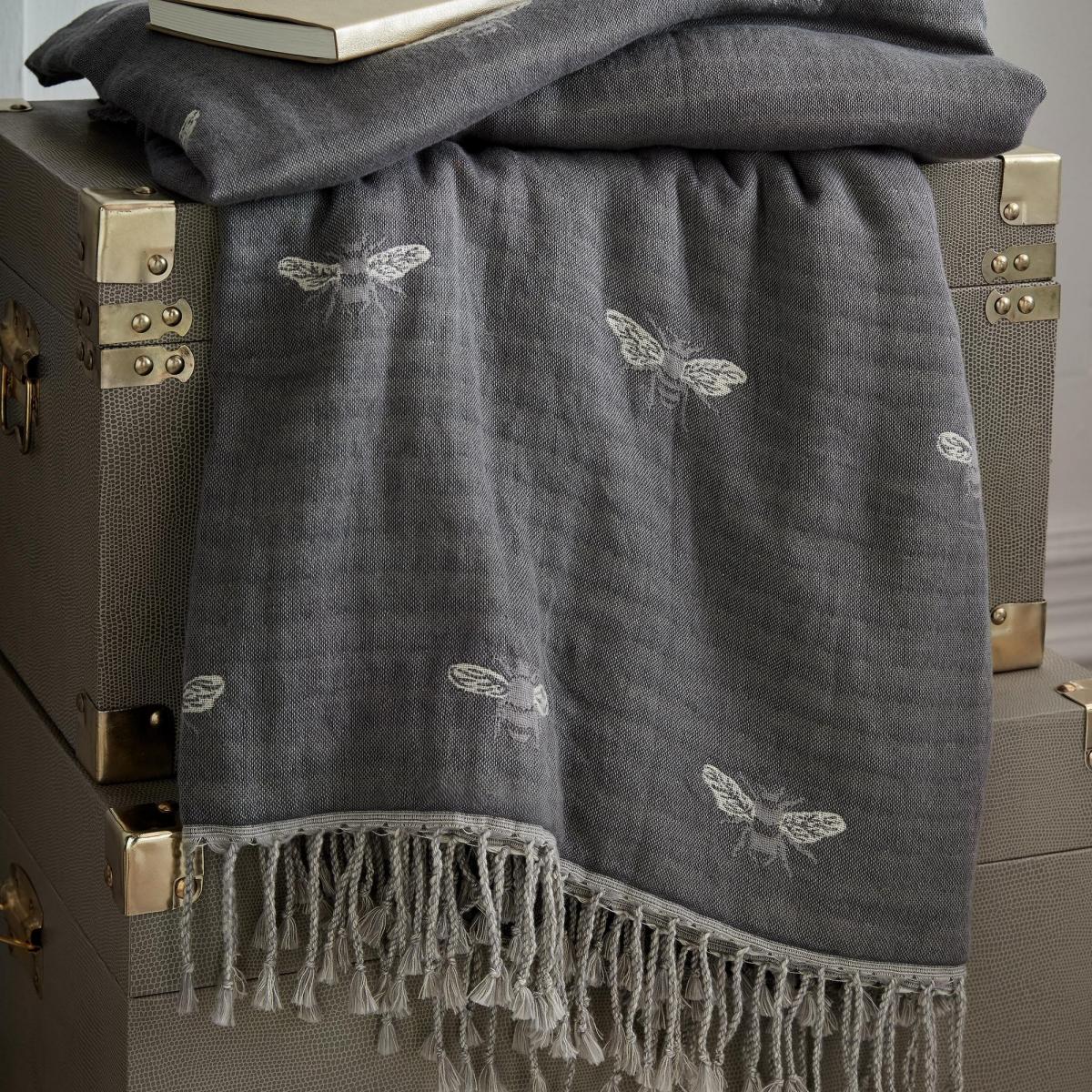 Bee Cotton Throw by Sophie Allport in Granite Grey150x200cm