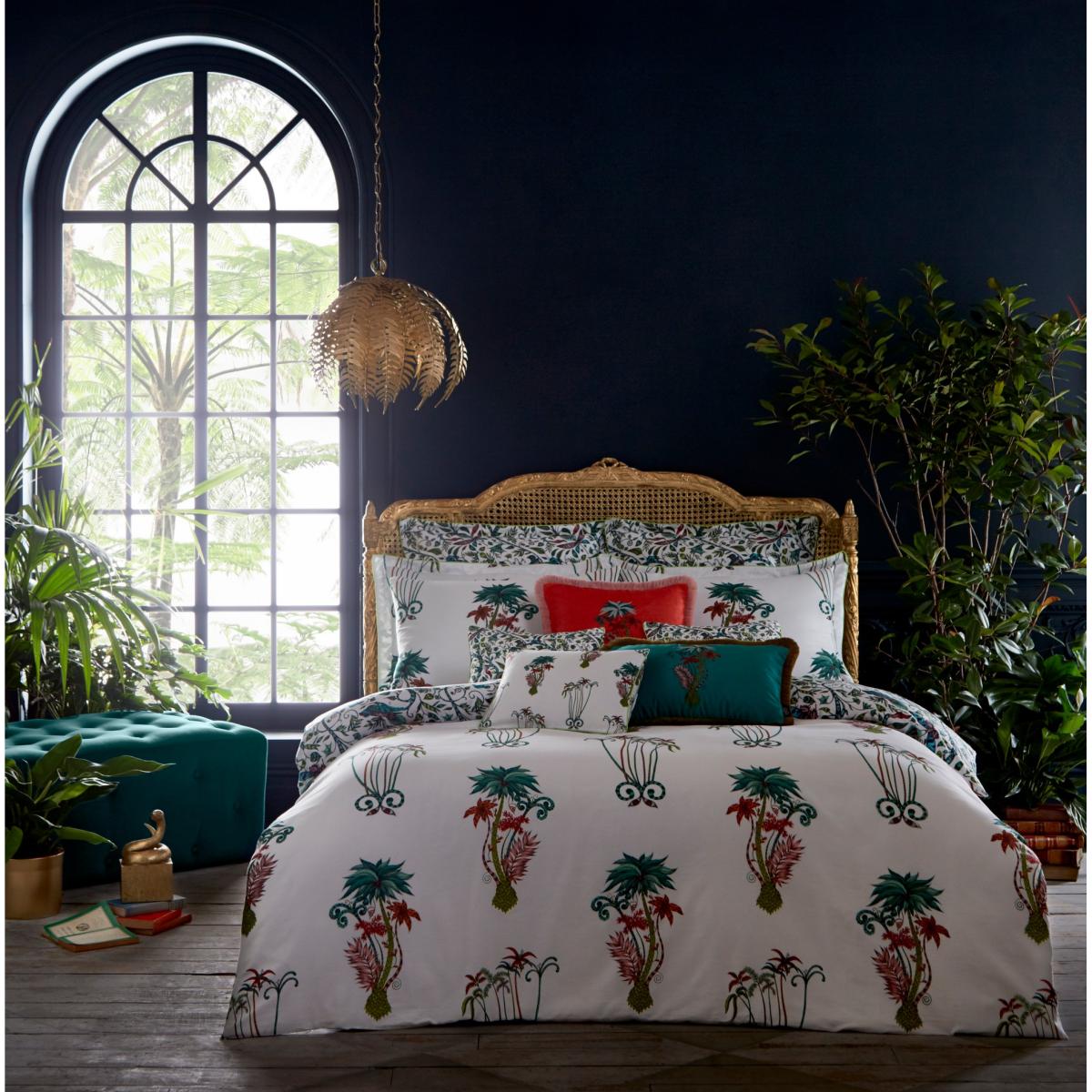 Jungle Palms Fringed Hem Cushion by Emma J Shipley in Teal Green30x50 – image 2
