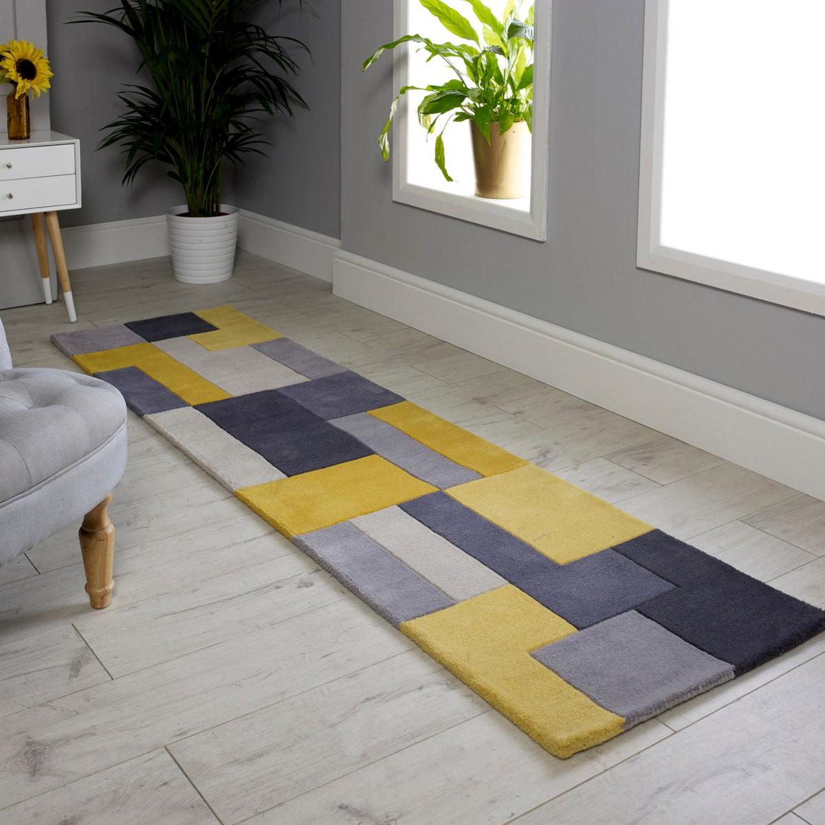 Modern Geometric Lexus Wool Hallway Runner Rugs in Yellow 60x230cm – image 1