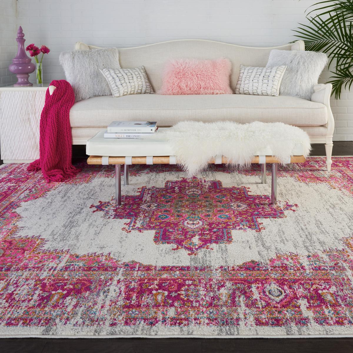 Passion Traditional Medallion Persian Rugs PSN03 in Ivory and Fuchsia 201x290cm – image 2