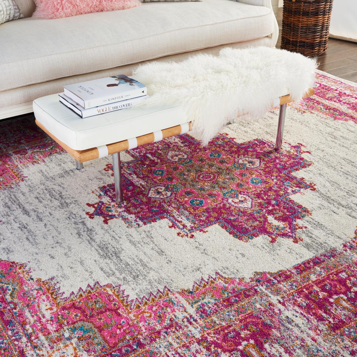 Passion Traditional Medallion Persian Rugs PSN03 in Ivory and Fuchsia 201x290cm – image 4