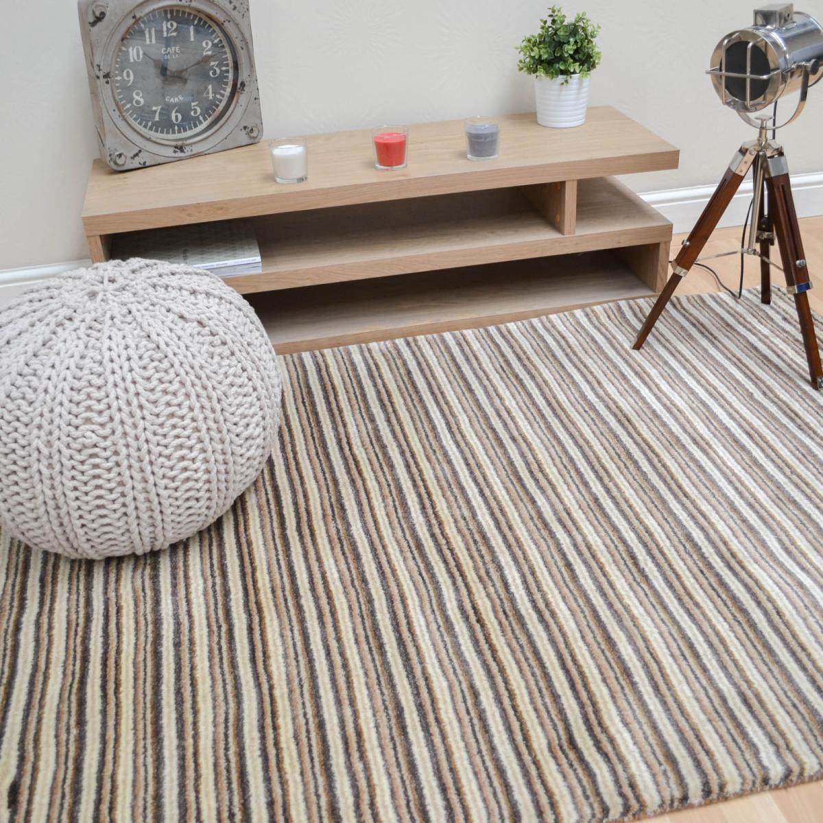 Seasons Loom Knotted Striped Wool Rugs SEA02 in Brown and Sand – image 2