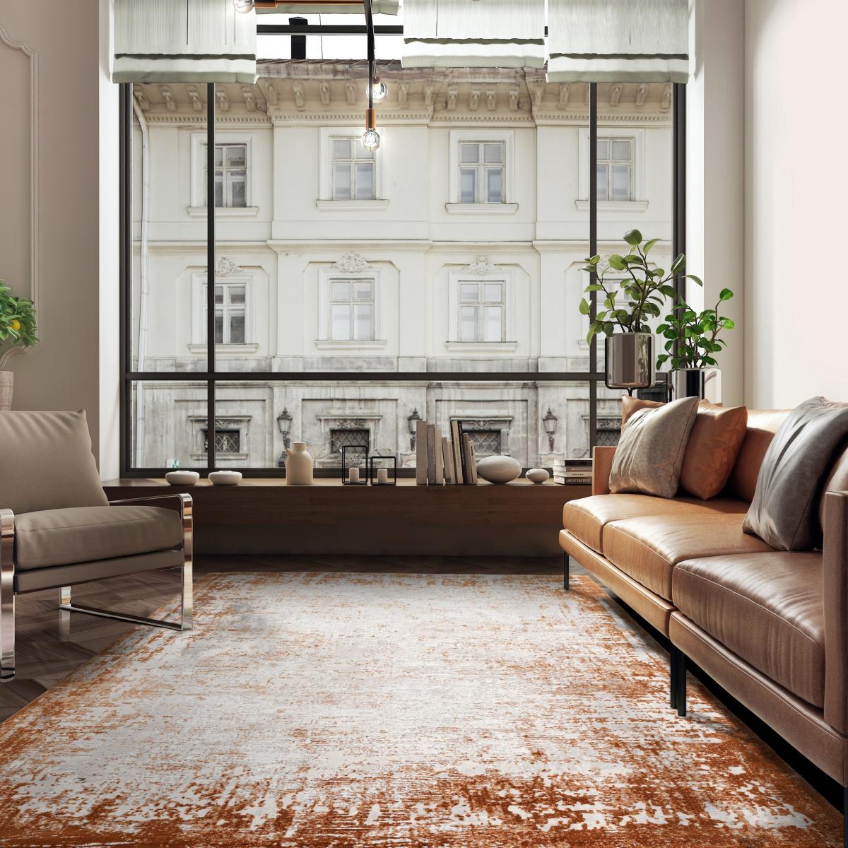 Kuza Border Modern Distressed Rug in Terracotta Orange 160x230cm – image 1