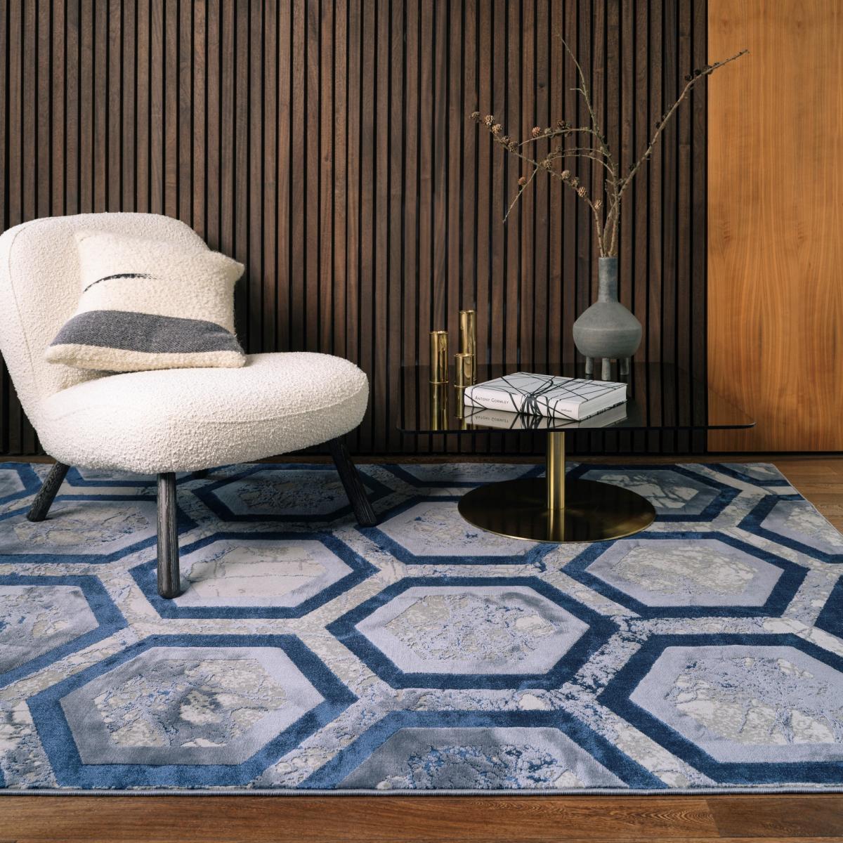 Aurora Hexagon AU19 Geometric Marble Rugs in Blue – image 1