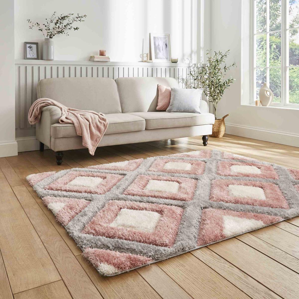 Olympia GR224 Modern Geometric Shaggy Rugs in Grey Pink160x220cm – image 2