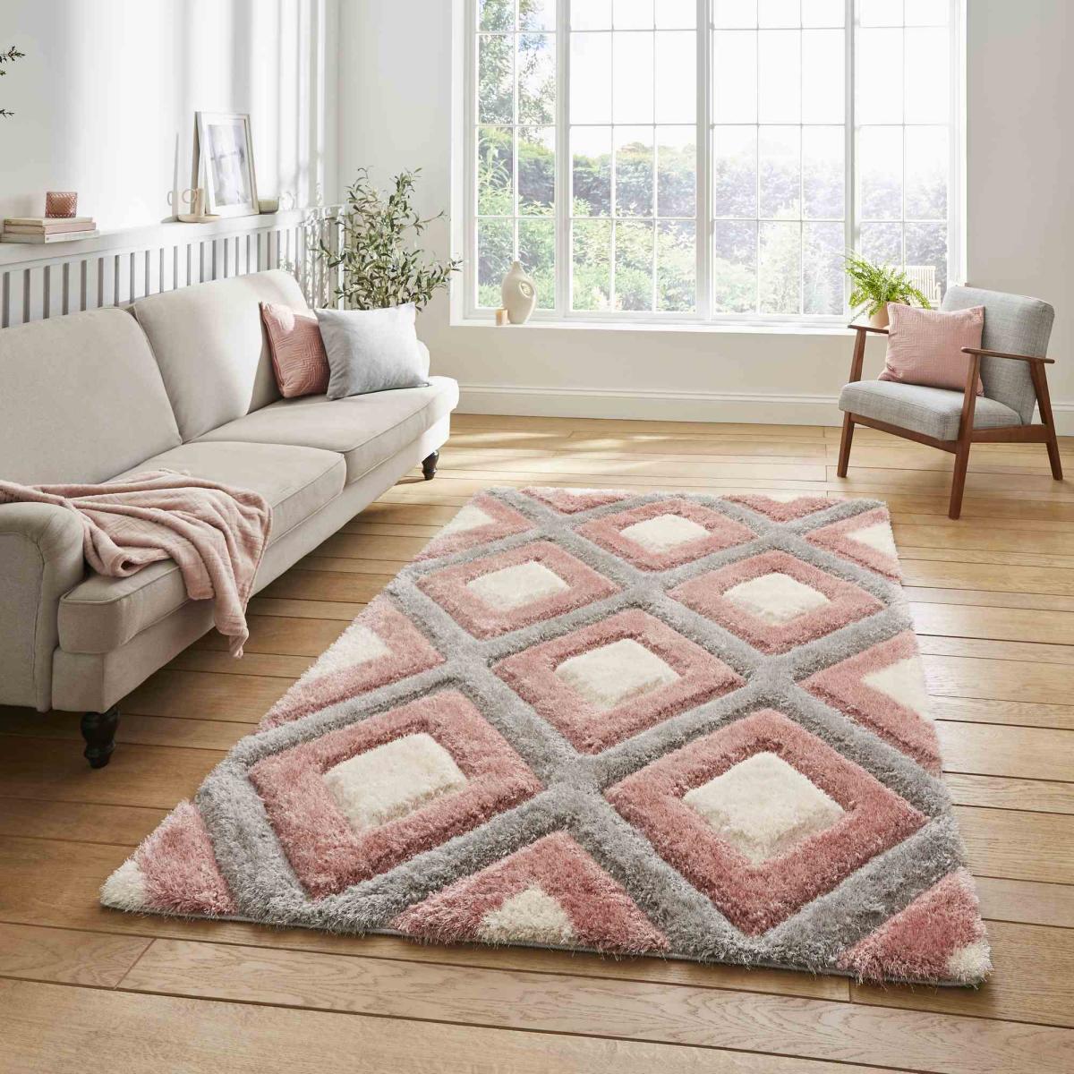 Olympia GR224 Modern Geometric Shaggy Rugs in Grey Pink160x220cm – image 1