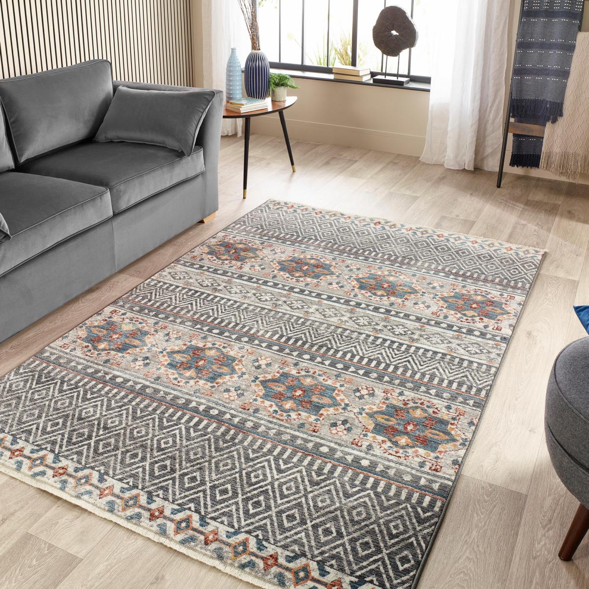 Mandala Stripe Traditional Rugs in Grey – image 1