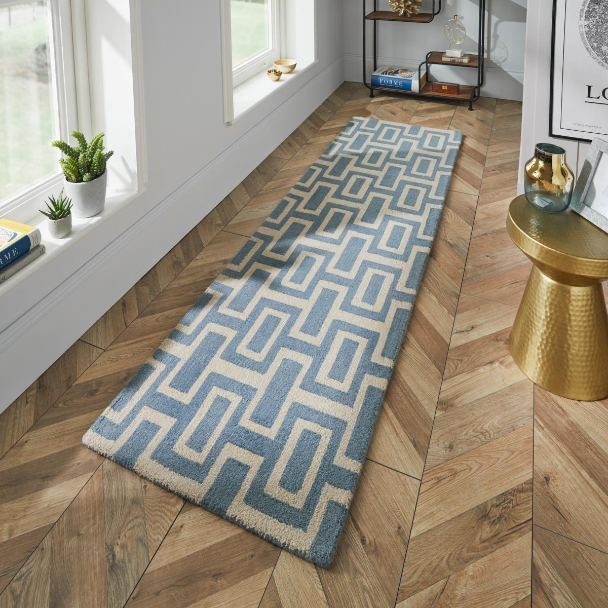 Intaglio Geometric Wool Runner Rugs 37201 Blue by Wedgwood 67x230cm – image 2
