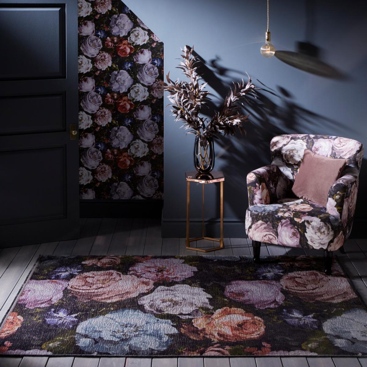 Floretta Floral Rug by Clarke & Clarke in Blush Charcoal120x170cm
