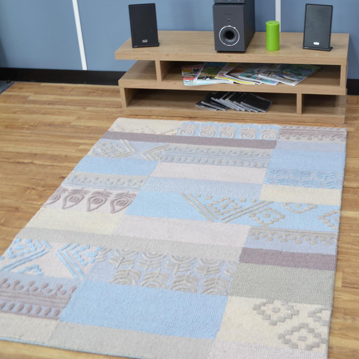 Milano Patchwork Wool Rugs in Cream and Blue – image 1