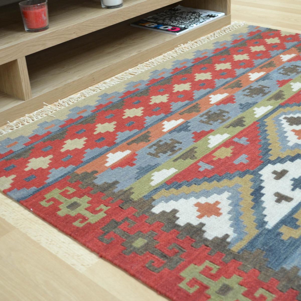 Hippie Kelim 01 Traditional Tribal Red Blue Multi Wool Rugs 120x180cm – image 4