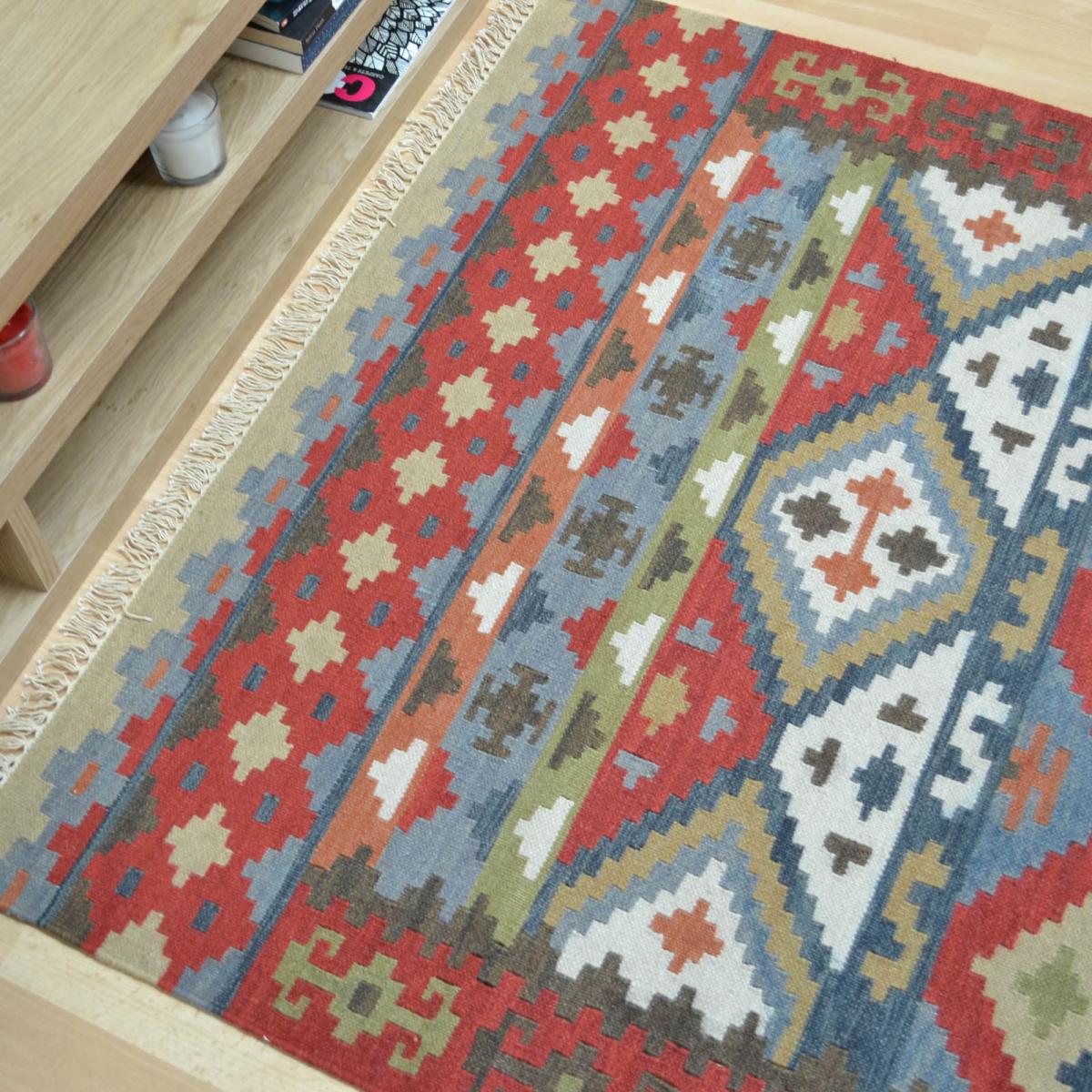 Hippie Kelim 01 Traditional Tribal Red Blue Multi Wool Rugs 120x180cm – image 5