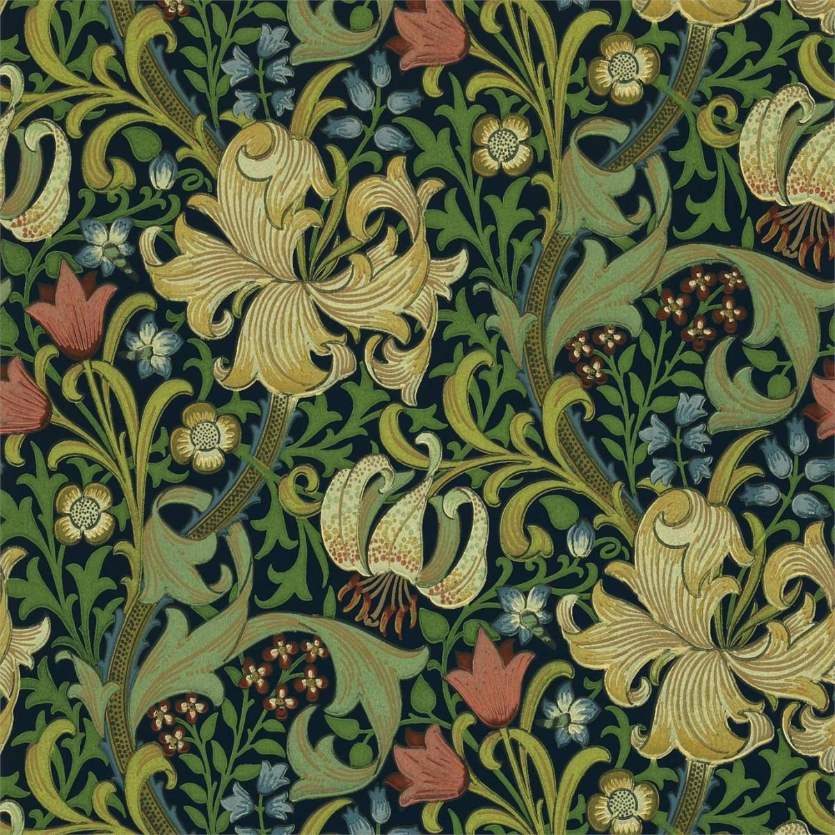 Golden Lily Wallpaper 216816 by Morris & Co in Indigo Blue Roll
