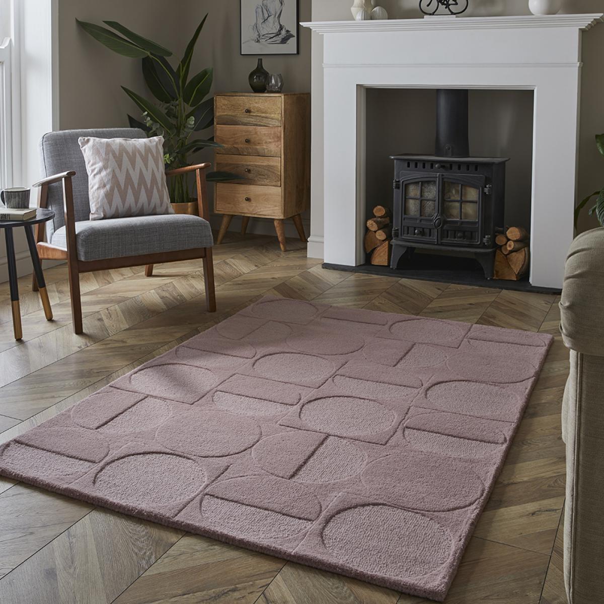 Arabella Mayfair Geometric Carved Wool Rugs in Mauve Pink 120x170cm – image 1
