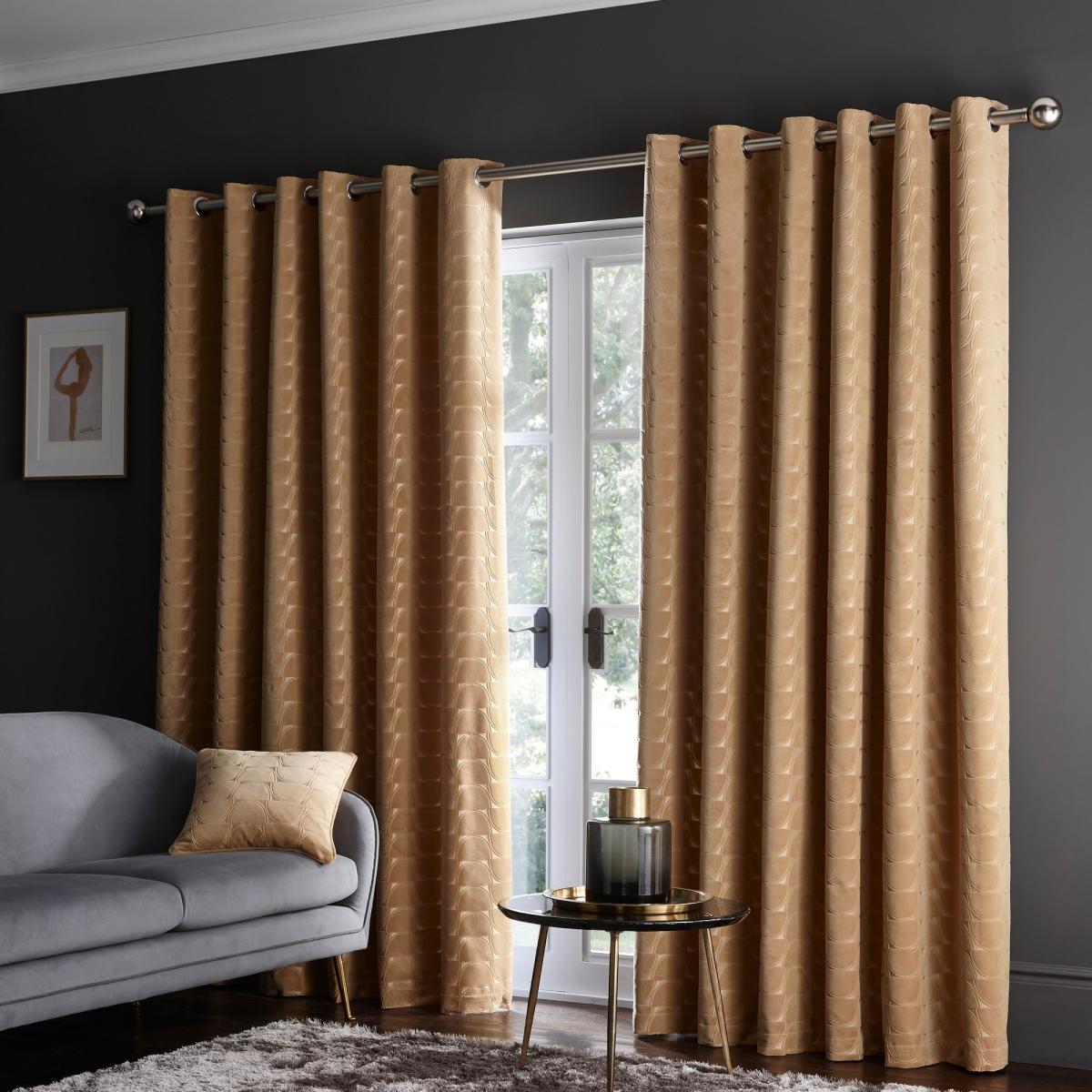 Lucca Geometric Velvet Curtains By Clarke And Clarke in Ochre Yellow 229x183cm – image 2