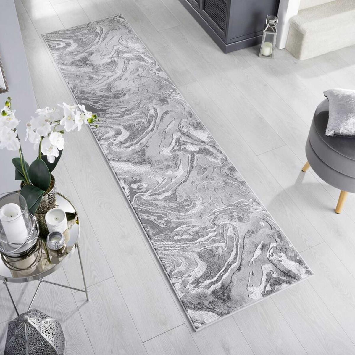 Eris Marbled Modern Abstract Hallway Runner Rugs in Silver Grey