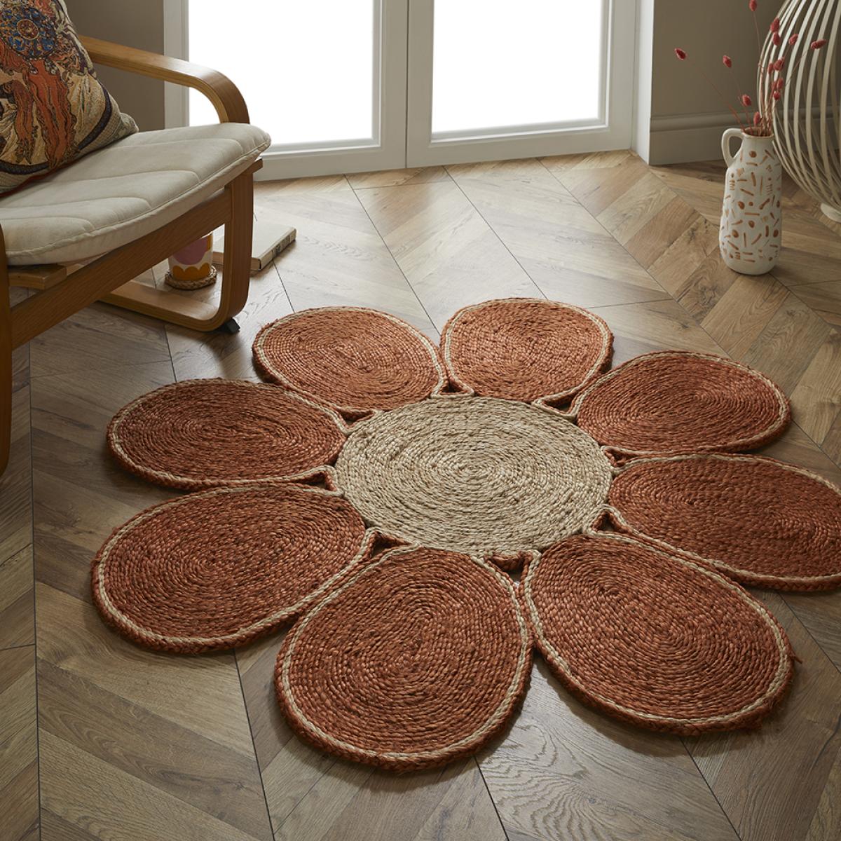 Spinningfields Circle Flower Jute Modern Rugs in Orange 120x120cm – image 1