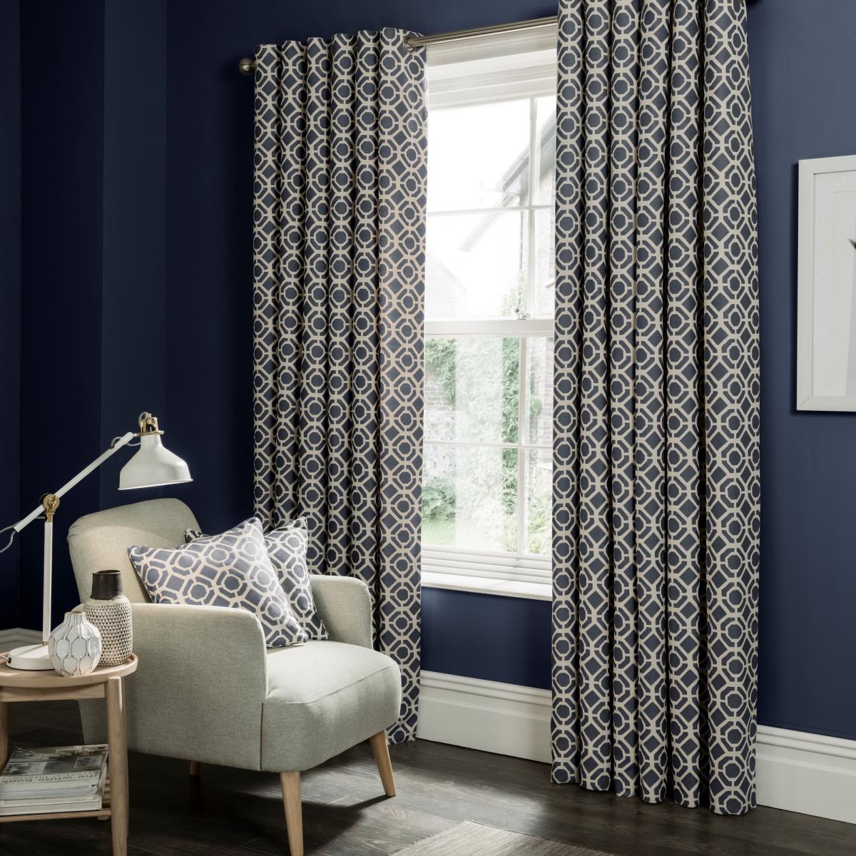 Castello Geometric Curtains By Clarke And Clarke in Indigo Blue 168x183cm