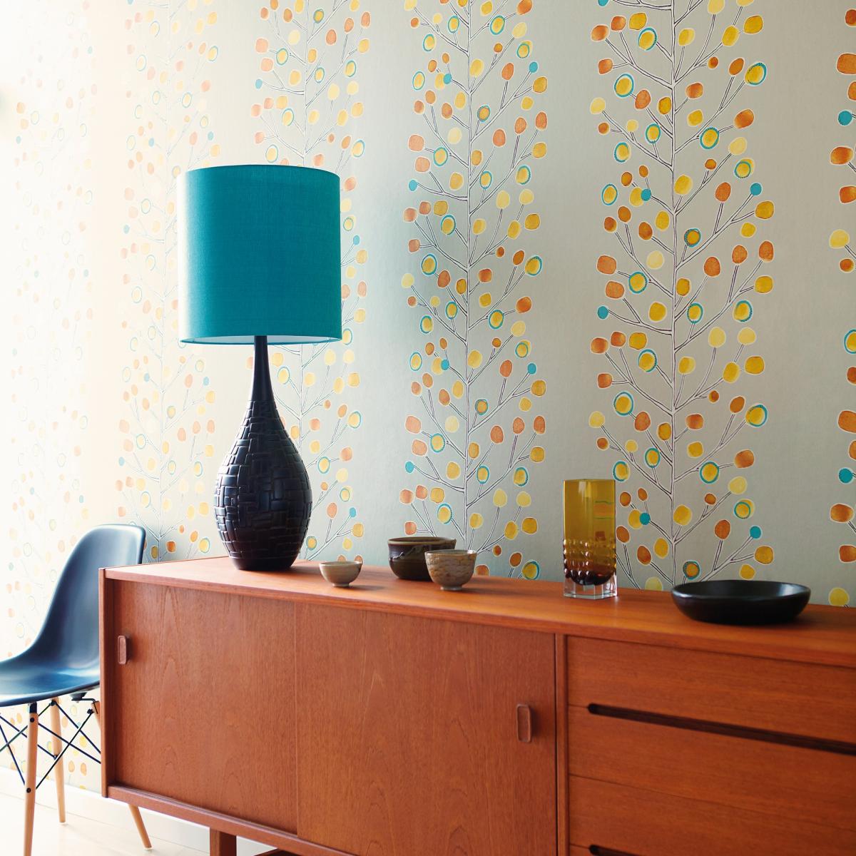 Berry Tree Wallpaper 110203 by Scion in Neutral Tangerine Powder Blue Lemon Roll – image 1