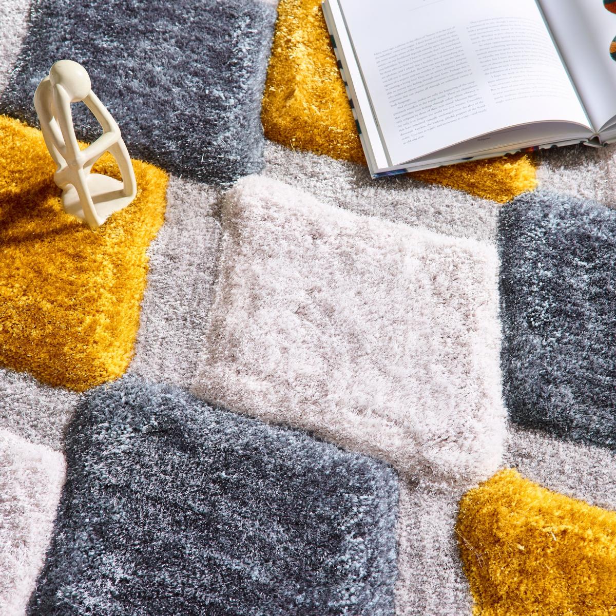 Modern 3D GEO Rugs with Handcarved Geometric Shaggy in Ochre Yellow 60x110cm – image 2