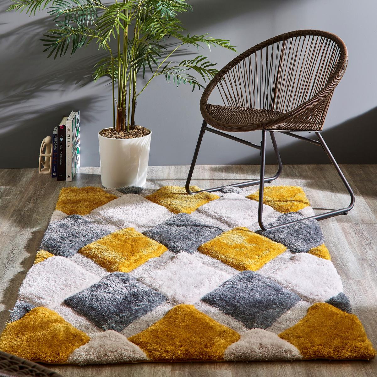 Modern 3D GEO Rugs with Handcarved Geometric Shaggy in Ochre Yellow 60x110cm – image 1