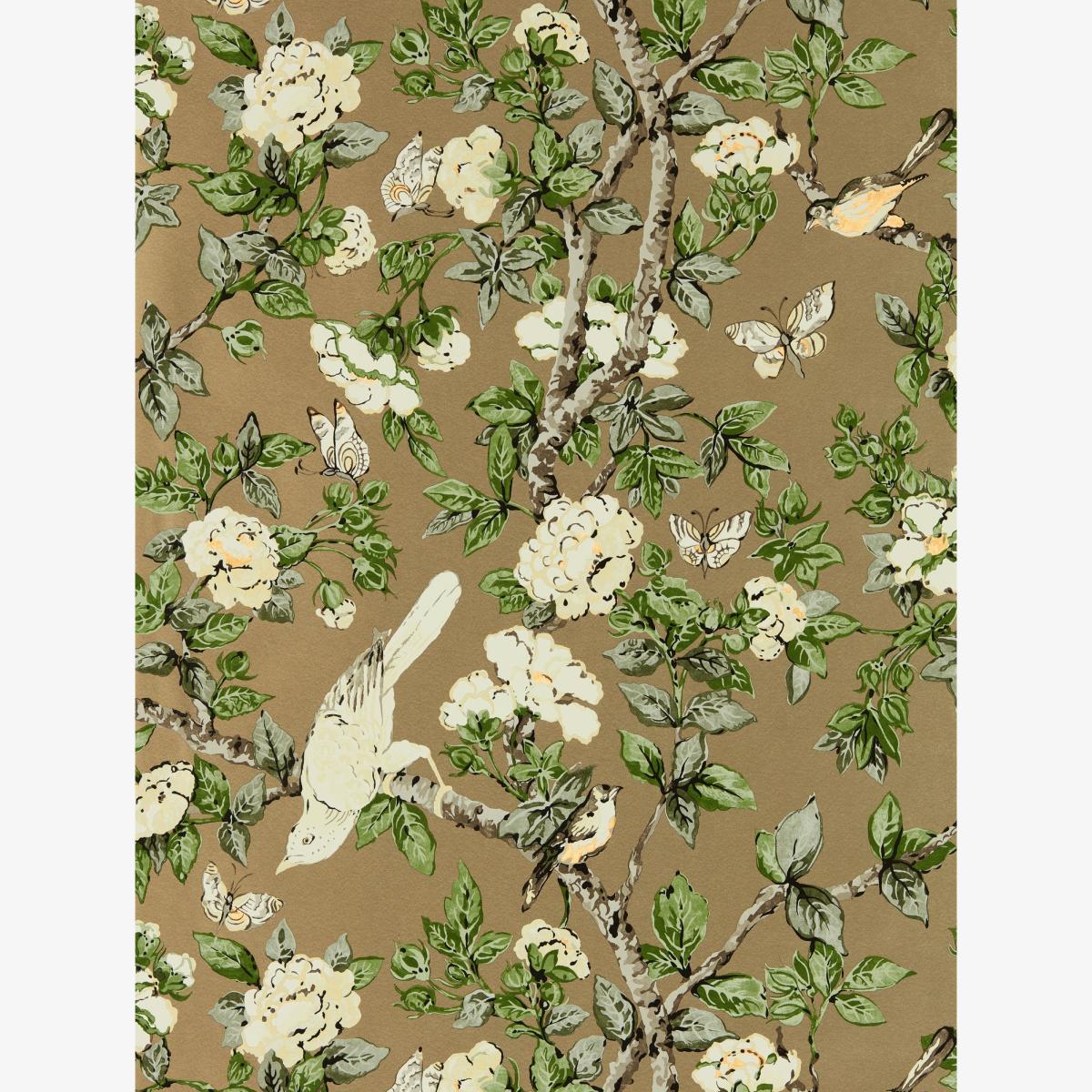 Caverley Wallpaper 217036 by Sanderson in Gold Metallic Gardenia Green Roll