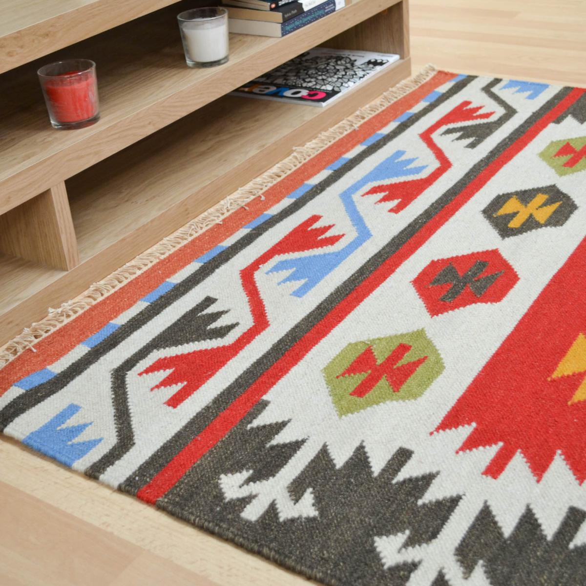 Hippie Kelim 02 Traditional Tribal Red White Multi Wool Rugs 90x150cm – image 4