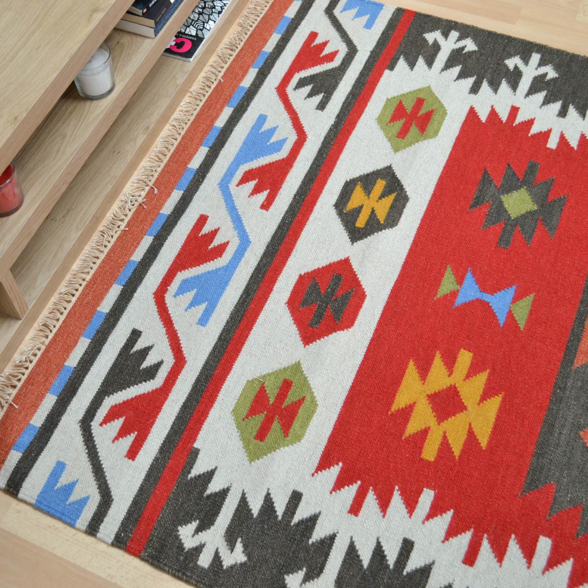 Hippie Kelim 02 Traditional Tribal Red White Multi Wool Rugs 90x150cm – image 5
