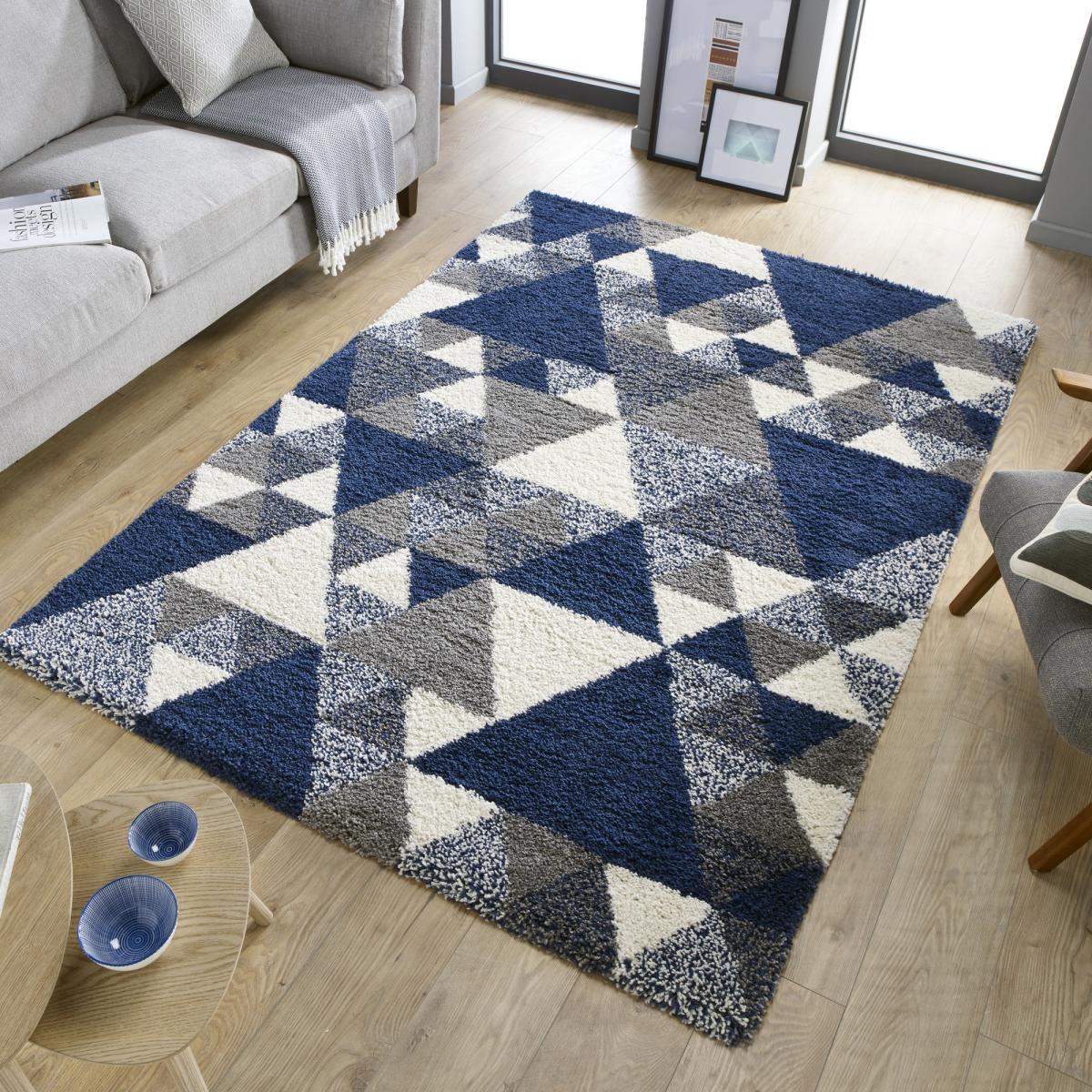 Dakari Nuru Modern Shaggy Geometric Rugs in Navy – image 1