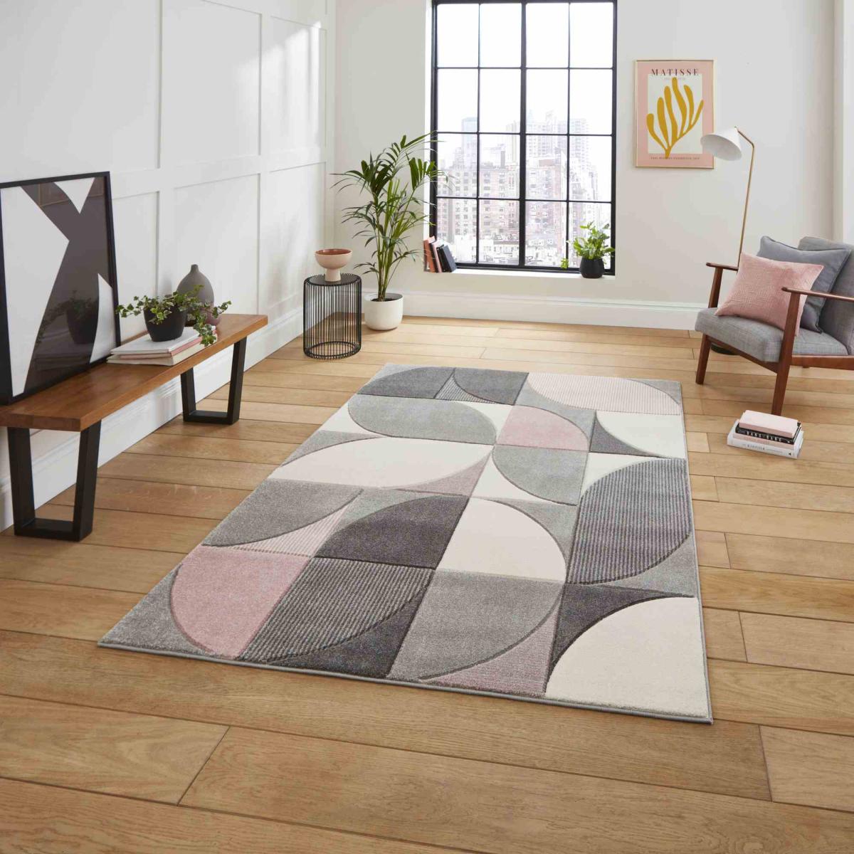 Matrix MT63 Modern Geometric Rugs in Grey Rose Pink80x150cm – image 1