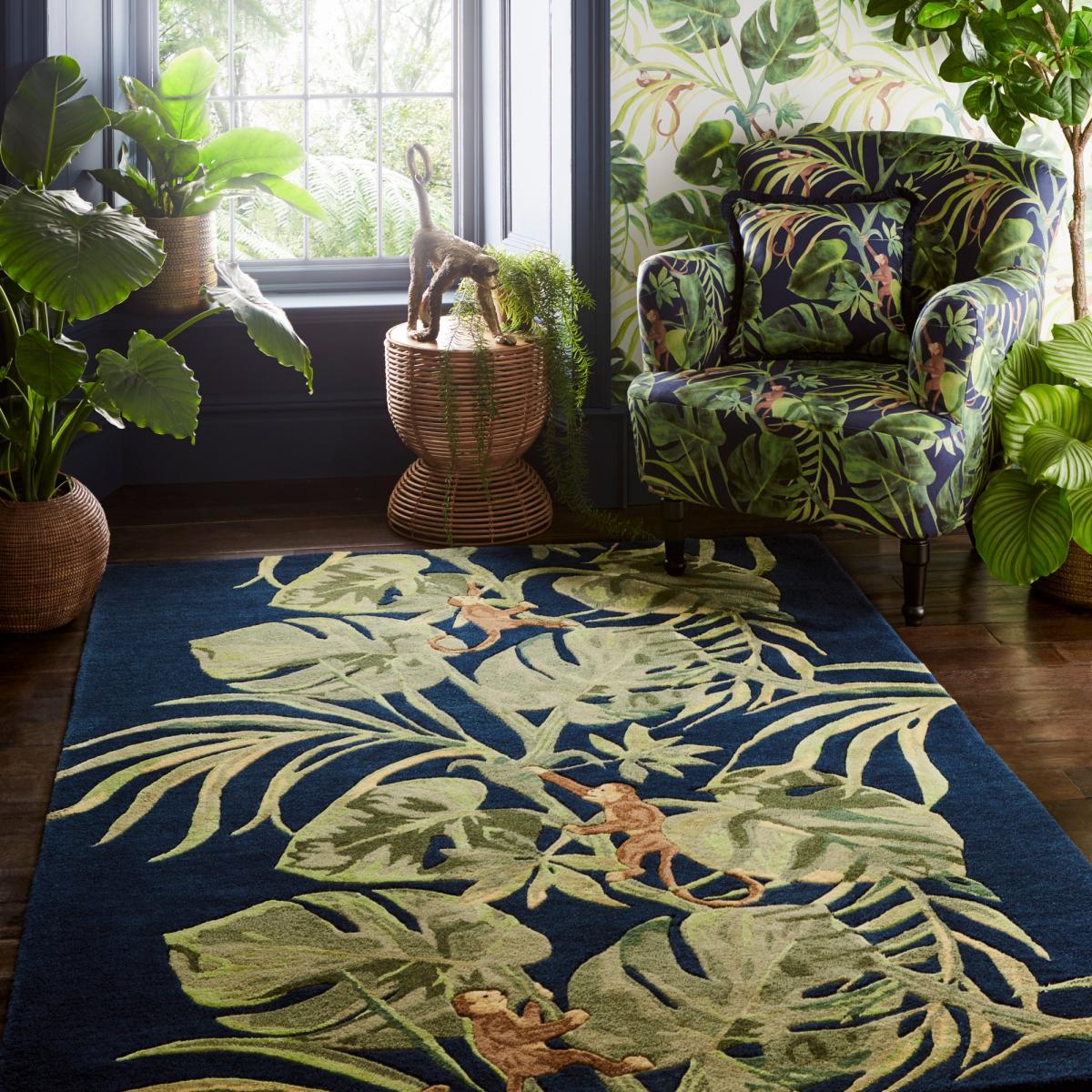 Monkey Business Botanical Rug by Clarke & Clarke in Indigo Blue200x290cm