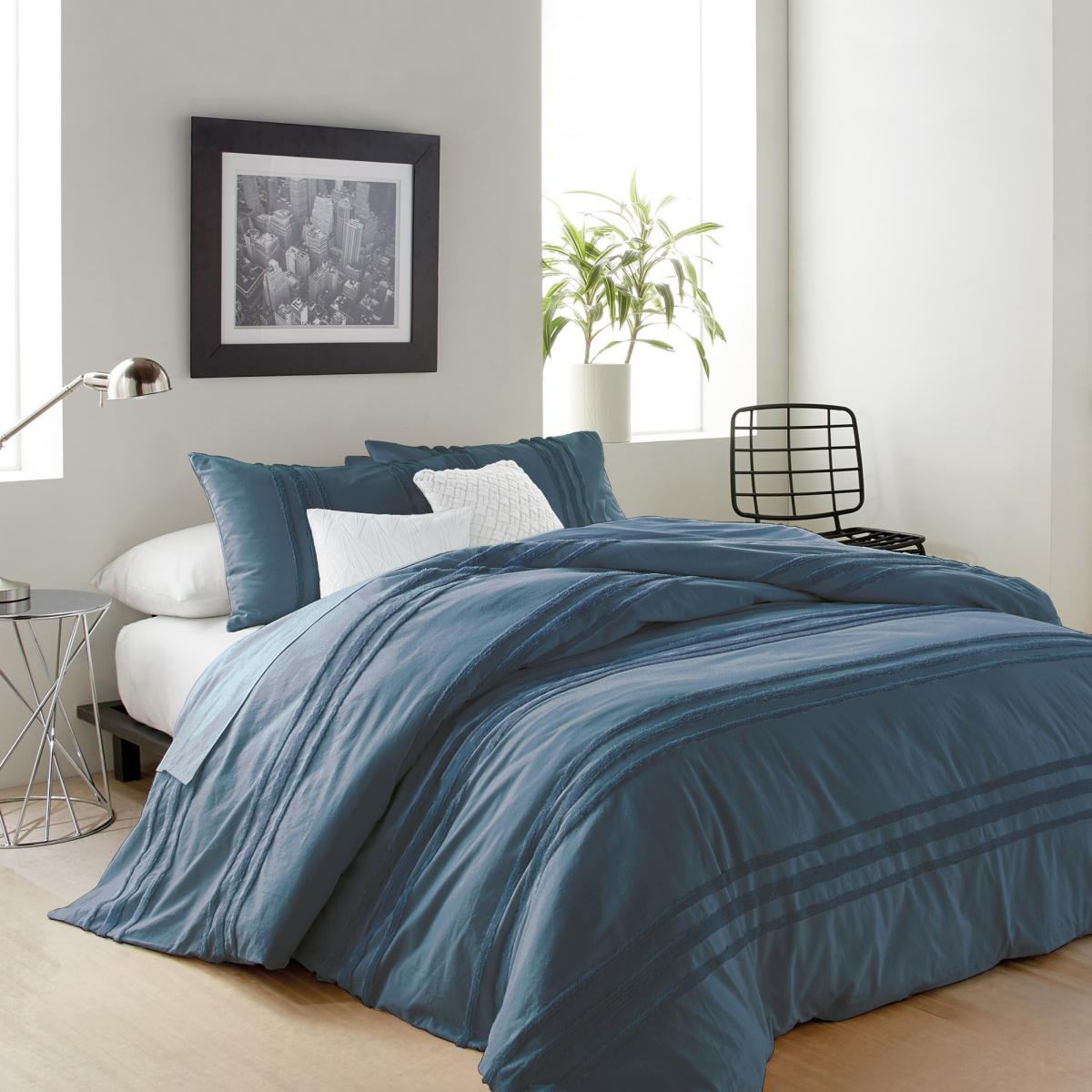 Chenille Textured Stripe Cotton Bedding by DKNY in Denim Blue 220x260cm – image 2