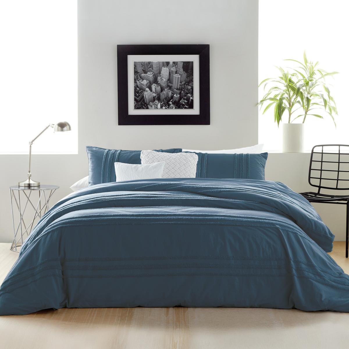 Chenille Textured Stripe Cotton Bedding by DKNY in Denim Blue 220x260cm – image 1