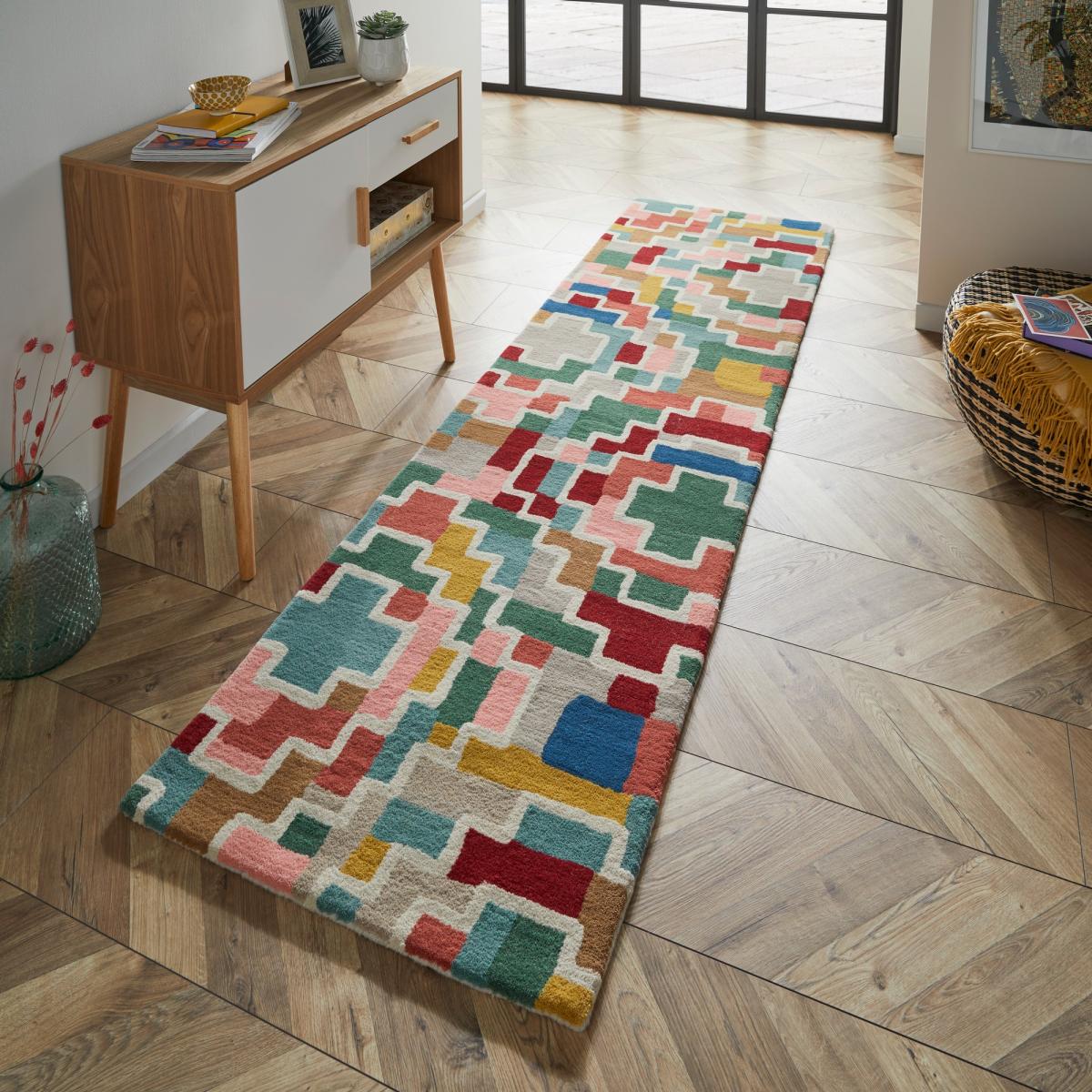 Estella Tetris Geometric Wool Runner Rugs in 89605 Multi 67x230cm – image 1
