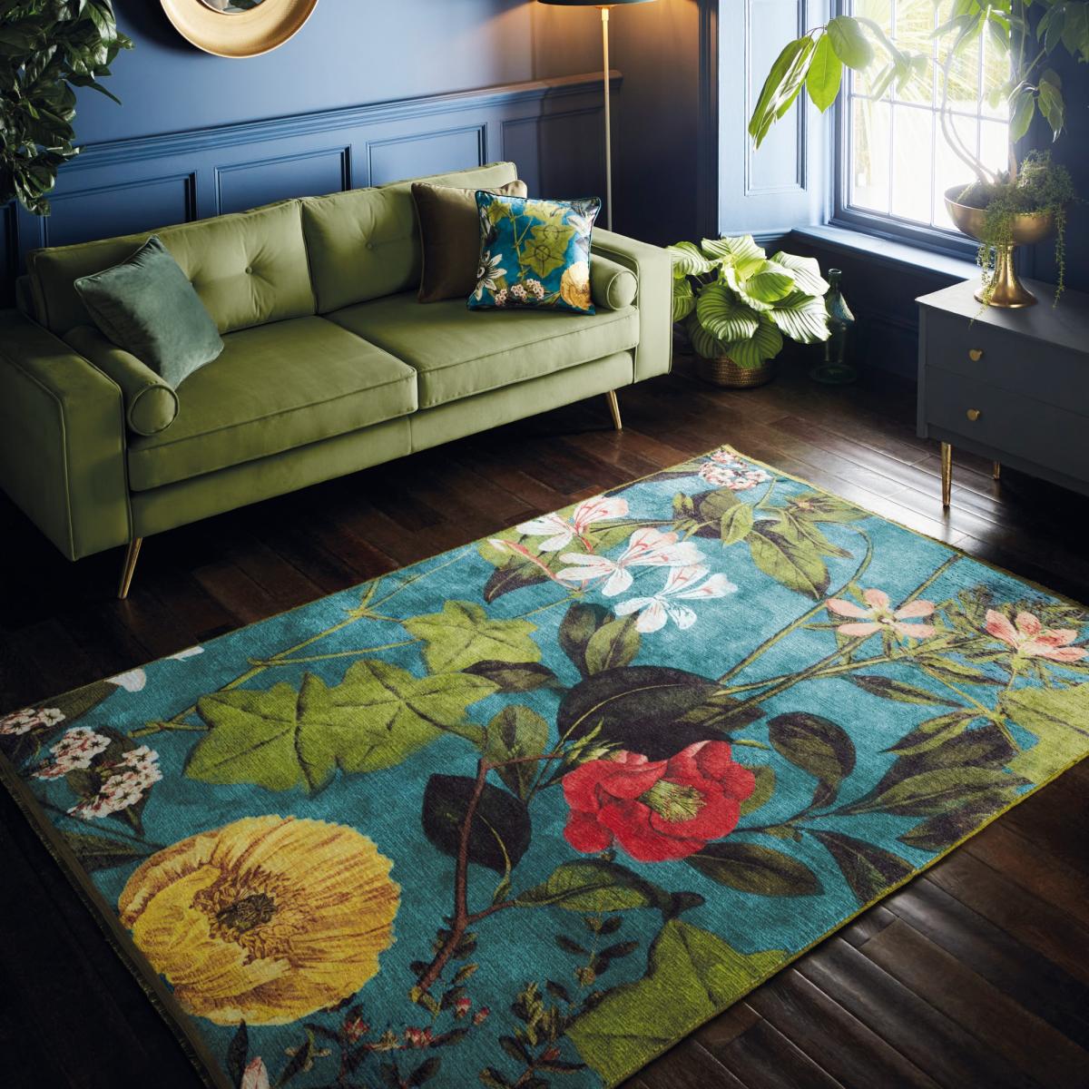 Passiflora Tropical Floral Rug by Clarke & Clarke in Kingfisher Blue200x290cm