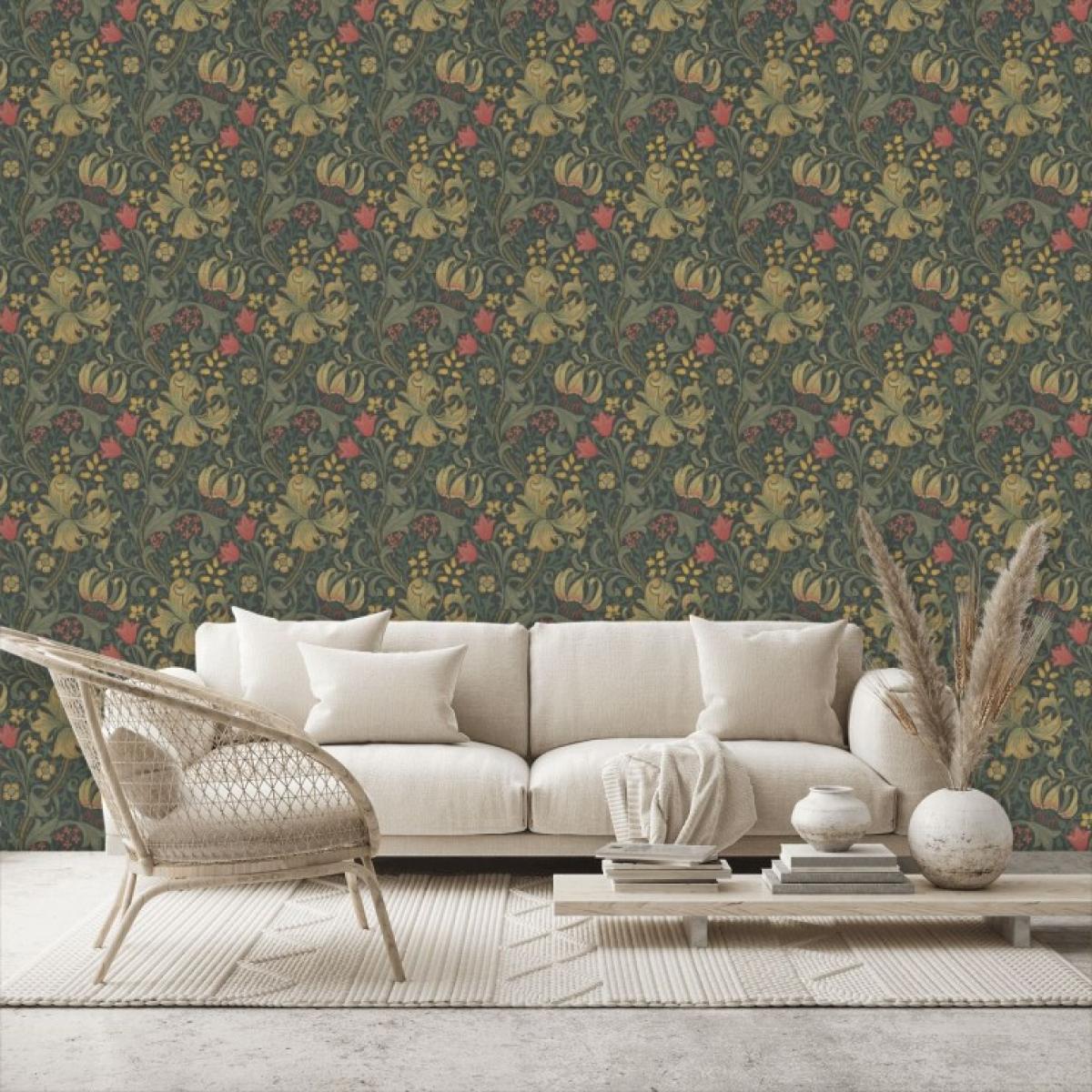 Golden Lily Wallpaper 210403 by Morris & Co in Charcoal Olive Roll – image 1