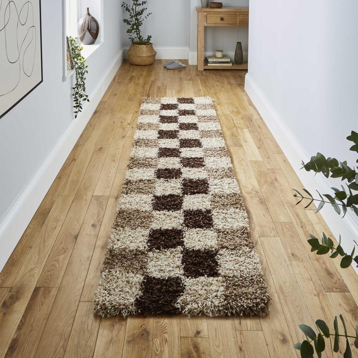 Vista Shaggy Hallway Runners 2247 Check Beige Brown 60x220cm – image 1