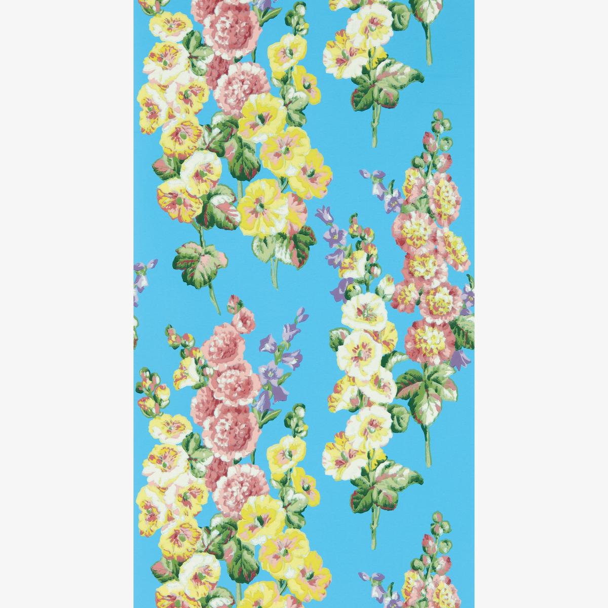 Hollyhocks Wallpaper 217033 by Sanderson in Fire Pink Bright Blue Roll